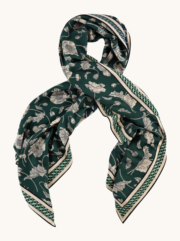 Duży szal wełna z jedwabiem dwustronny zielony w kwiaty 50x170 cm