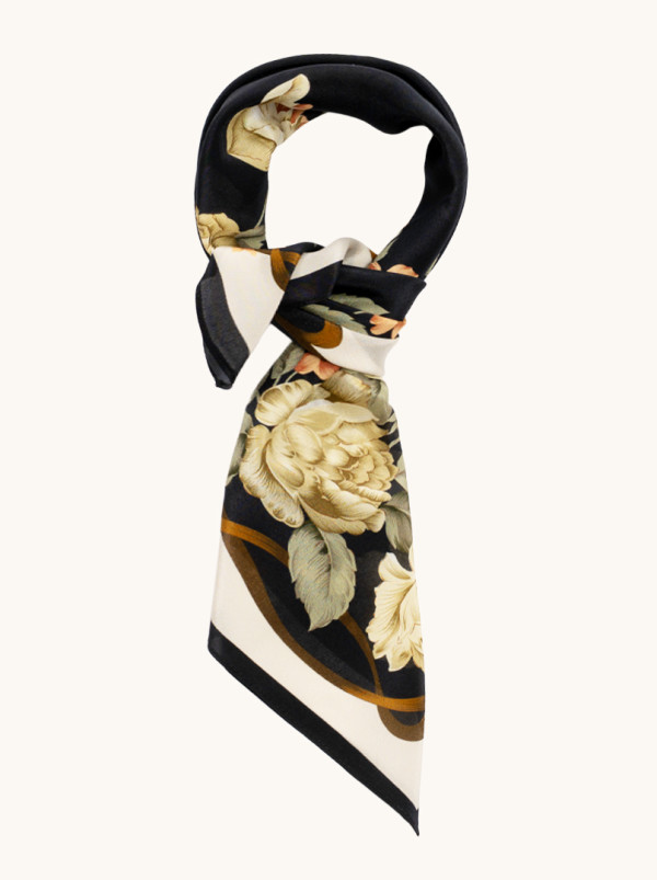 Apaszka jedwabna granatowa z motywem kwitnących róż 65x65 cm