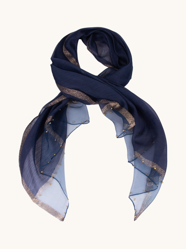 Blue formal scarf with gold pearls and silver trim 65 cm x 185 cm
