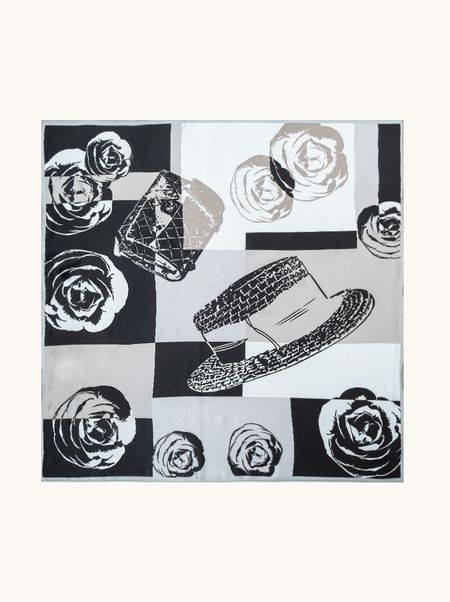 Duża apaszka jedwabna czarno-biała z motywem róż 90x90 cm