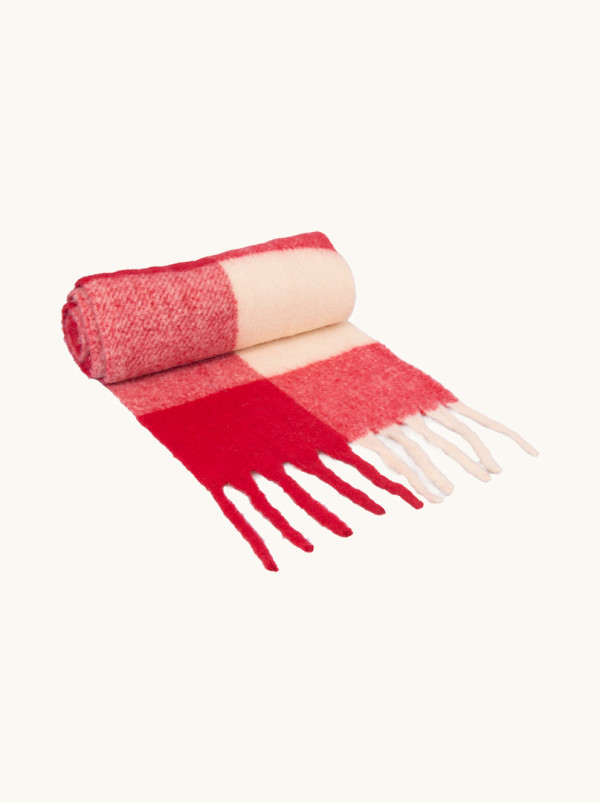 Szal  beżowo-czerwony w kratę z frędzlami 30 cm x 180 cm