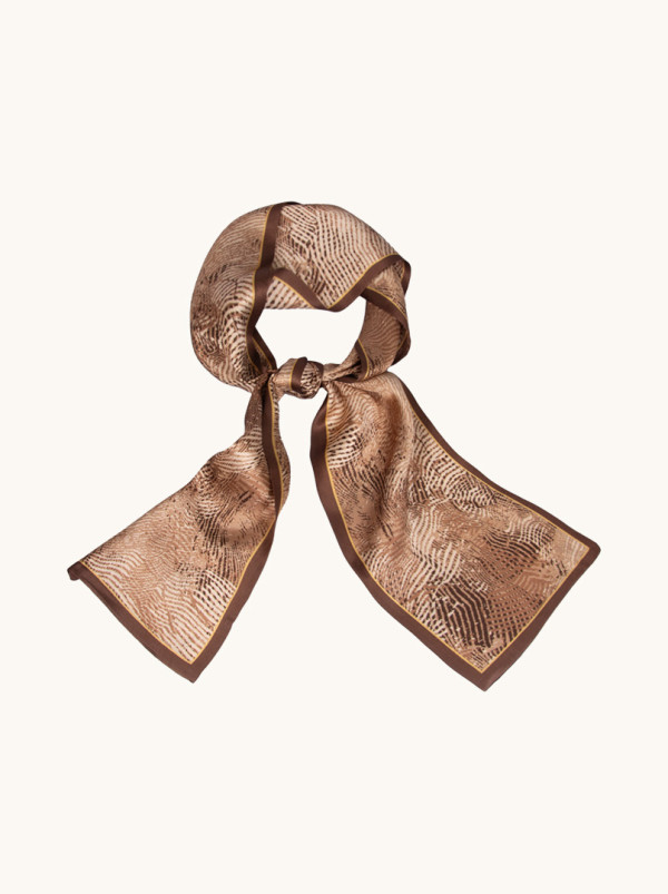 Dwustronny wąski szal z podwójnego jedwabiu z brązową obwódką  16cm x145cm PREMIUM