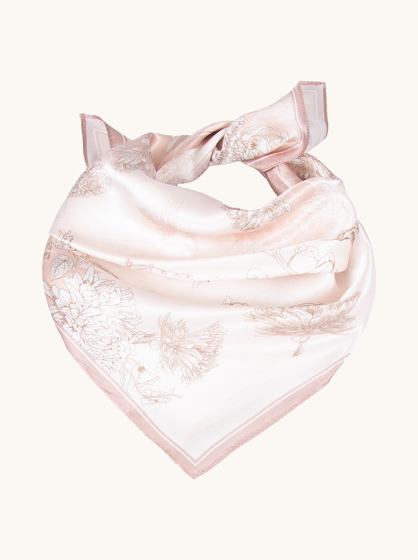 Small silk scarf gavroshka powder pink with delicate flowers 53cm x53cm