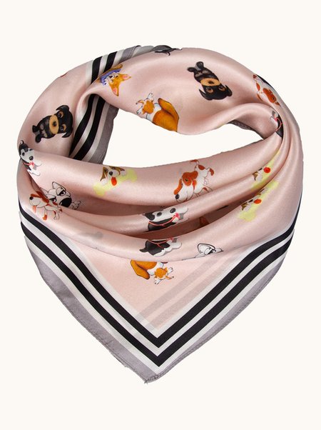 Pink silk scarf with a dog motif, 53x53 cm