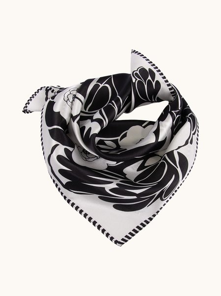 Silk scarf with black-and-white floral pattern, 53x53 cm