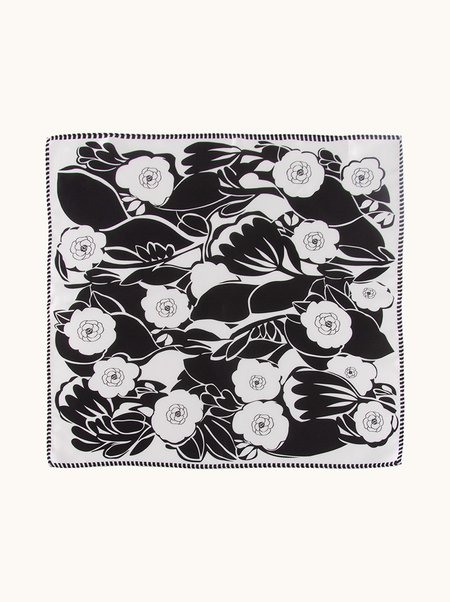 Silk scarf with black-and-white floral pattern, 53x53 cm