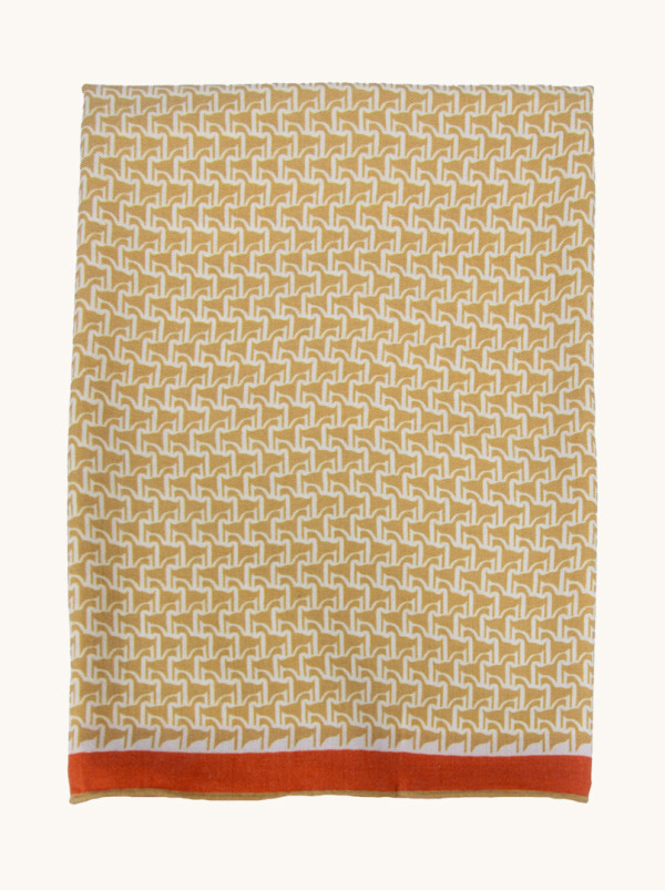 Wełniany szal dwustronny w geometryczny wzór miodowo-pomarańczowy 60cm x 180cm