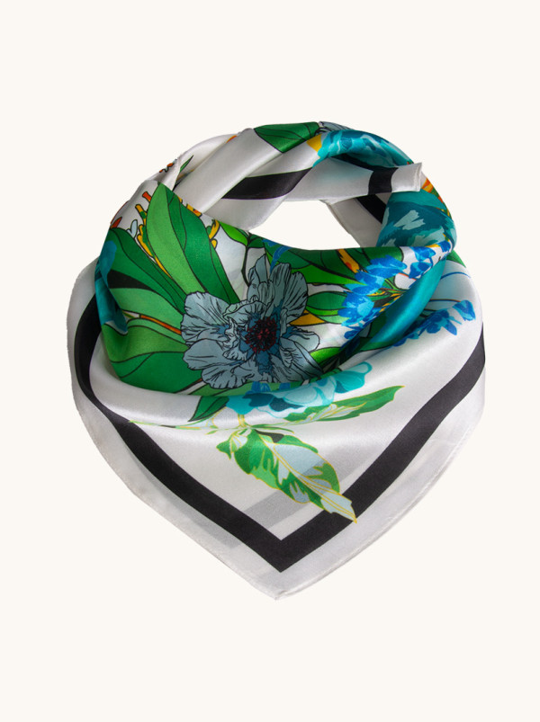 Apaszka jedwabna biała w kwiaty tropikalne  53x53 cm