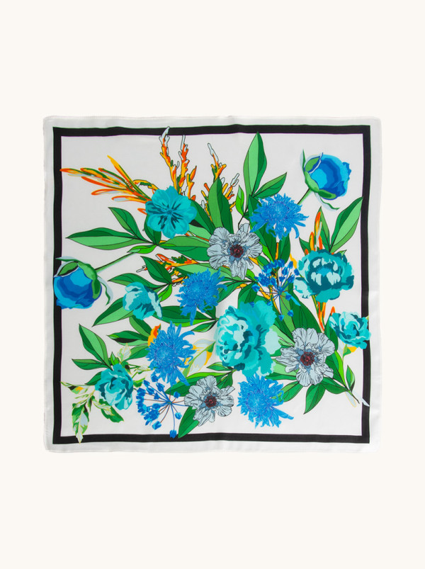 Small women's silk scarf with tropical flowers 53cm x 53cm