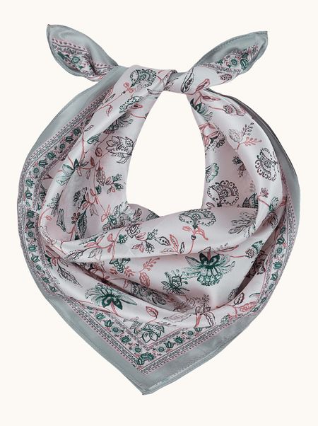 Apaszka jedwabna w kwiaty miętowo różowy print 53x53 cm