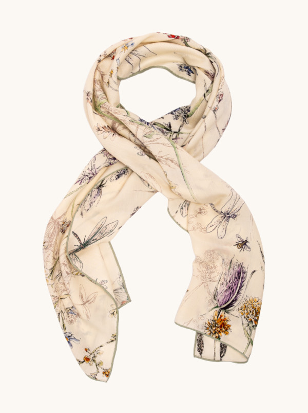 Duży szal wełna z jedwabiem dwustronny artystyczny wzór z ważkami i kwiatami 50cm x 170 cm