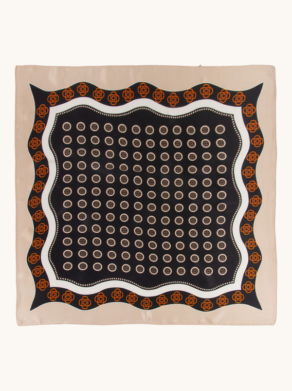 Black silk scarf in circles with beige border