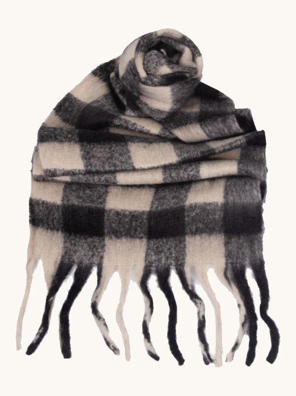 Ciepły szal w kratę  z frędzlami czarno-beżowy 45x200 cm