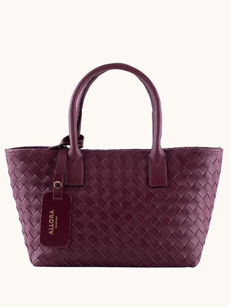 Mała skórzana torebka damska ALICE typu shopper burgundowa pleciona PREMIUM