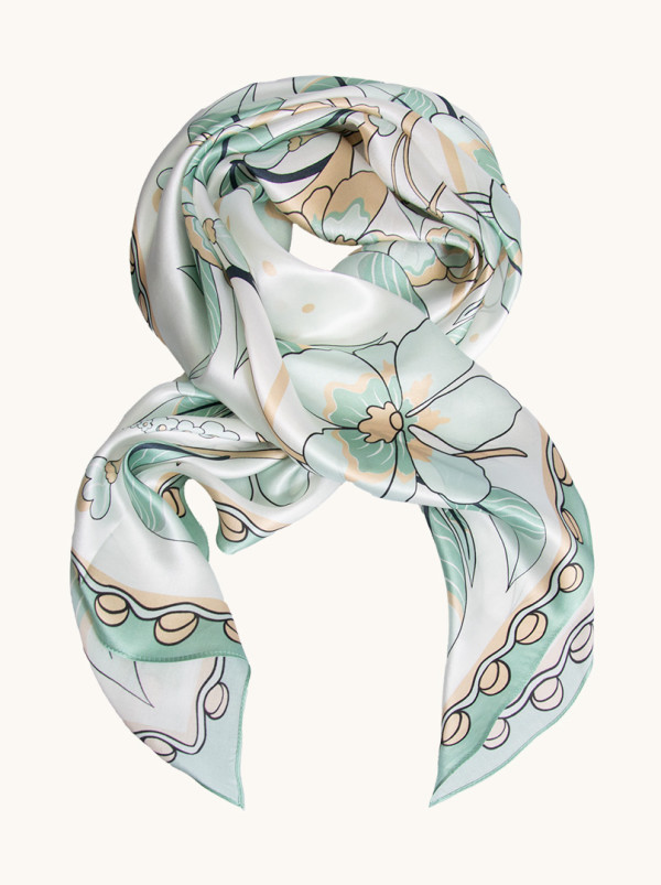 Duża apaszka jedwabna ze wzorem miętowych liści i kwiatów 90cm x 90cm