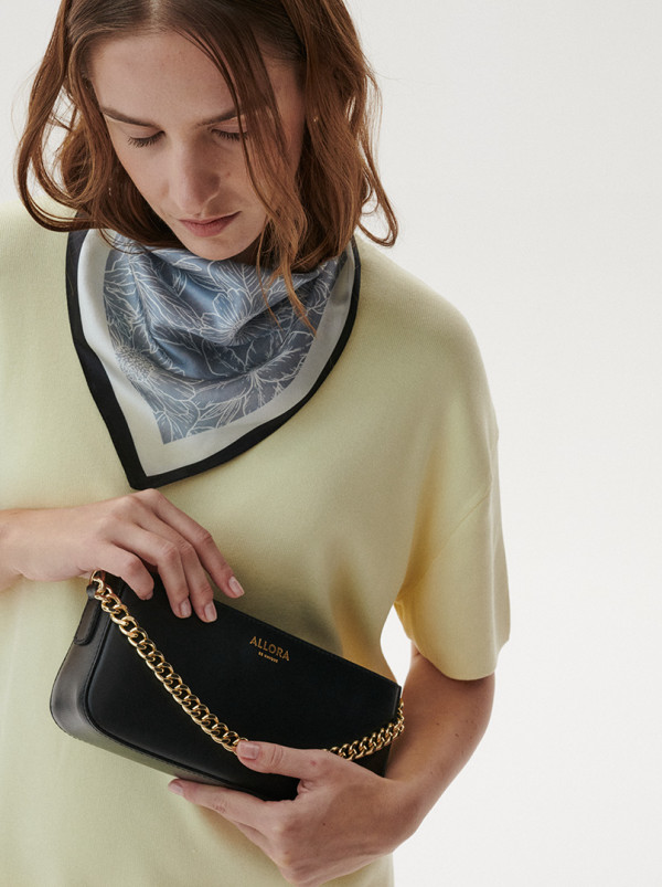 Silk gavroche on grey-blue background with a sophisticated design 53 cm x 53 cm