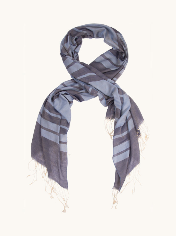 Navy blue viscose scarf with stripes and fringes, 110x160 cm