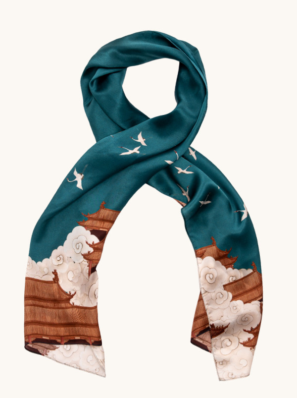 Duży szal jedwabny niebieski w ptaki 55x175 cm