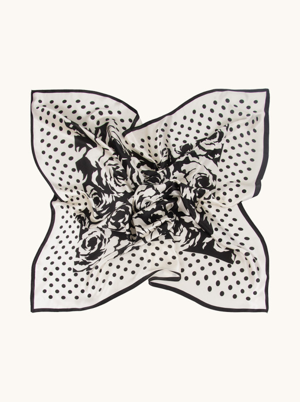 Apaszka z jedwabiu kremowa w kwiaty i groszki 70 cm x 70 cm