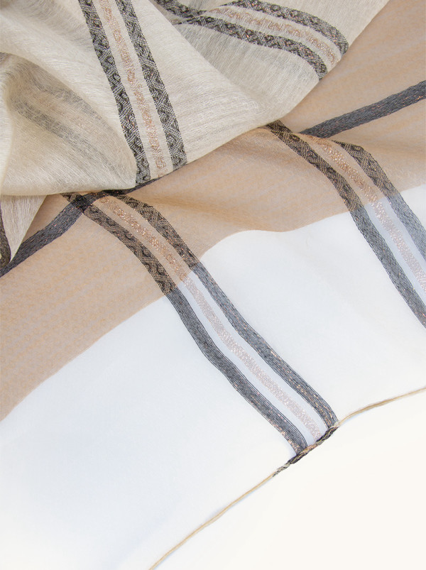 Beige checkered evening shawl with gold thread 90 cm x 200 cm