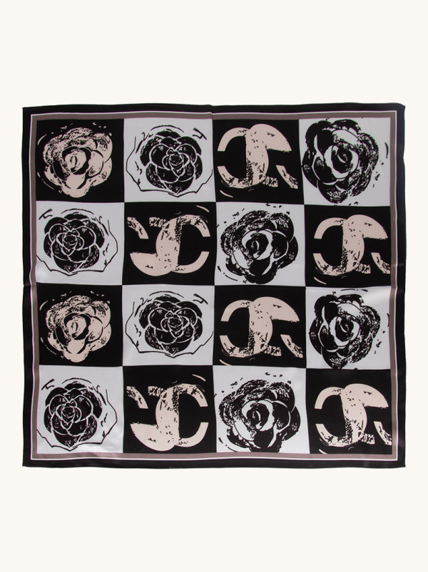 Black and white silk scarf with rose motif on checkerboard 70 cm x 70 c