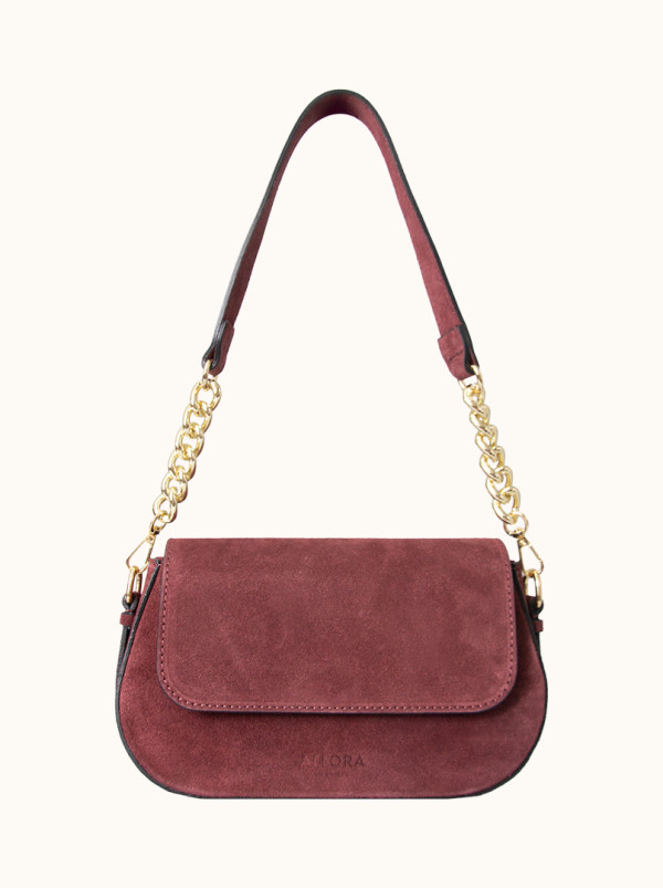 Zamszowa torebka GIULIA baguette z łańcuchem  bordowa torebka na ramię