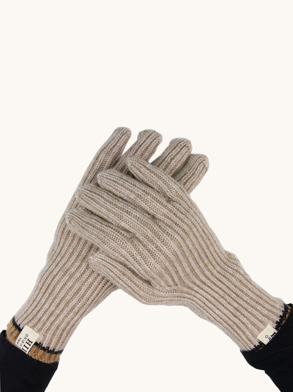 Krótkie rękawiczki grube dzianinowe beżowe z brązową końcówką