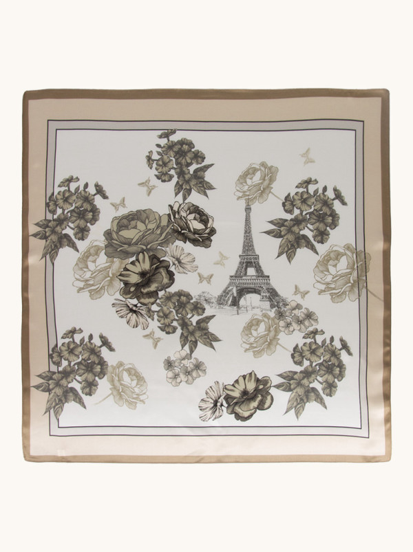 Cream silk scarf with flower and Eiffel Tower motif 70 cm x 70 cm