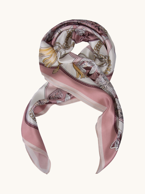 Apaszka jedwabna różowa z kwiatowym motywem 90 cm x 90 cm