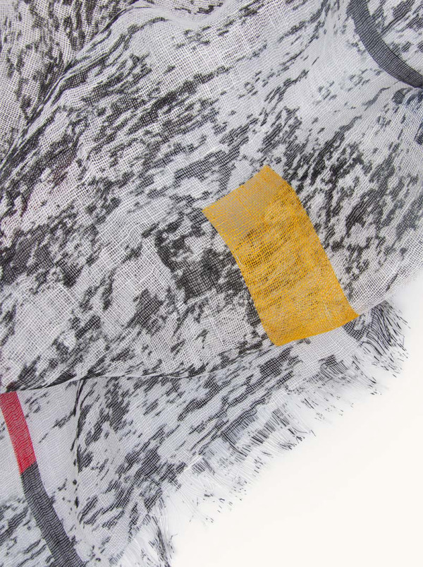 Scarf 100% linen black and white with marbled pattern and colored rectangles 60 x 160 cm
