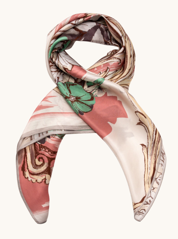 Duża apaszka jedwabna różowa z motywem kwiatowym 90x90 cm