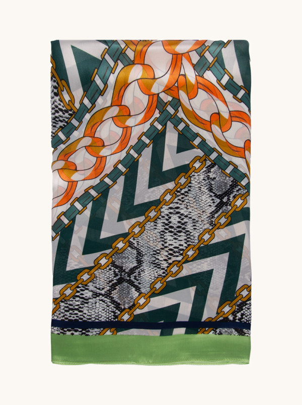 Lightweight shawl in geometric patterns with a green border 85 cm x 175 cm