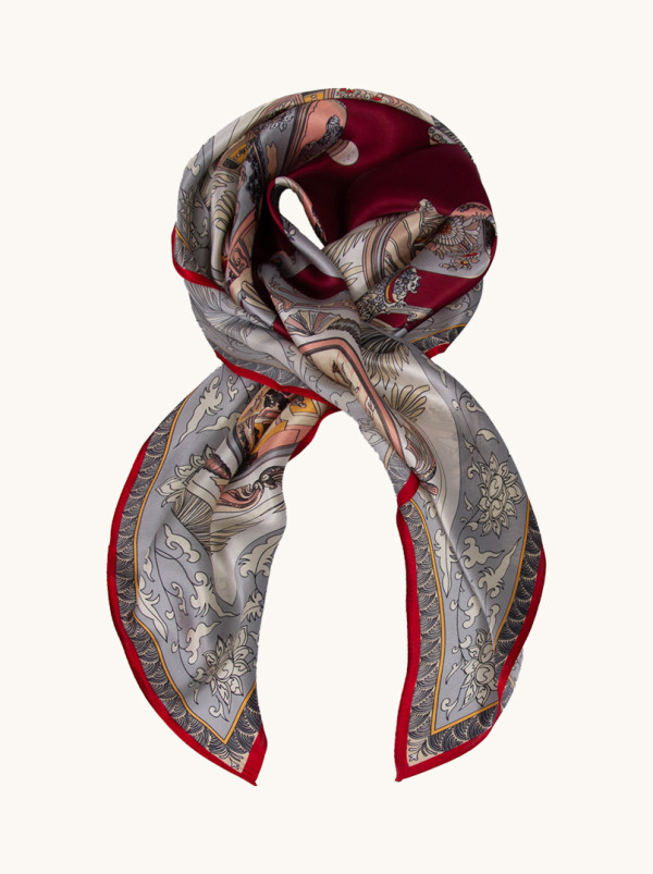 Apaszka jedwabna  z  czerwoną obwódką z motywem wazonu  86 cm x 86 cm 