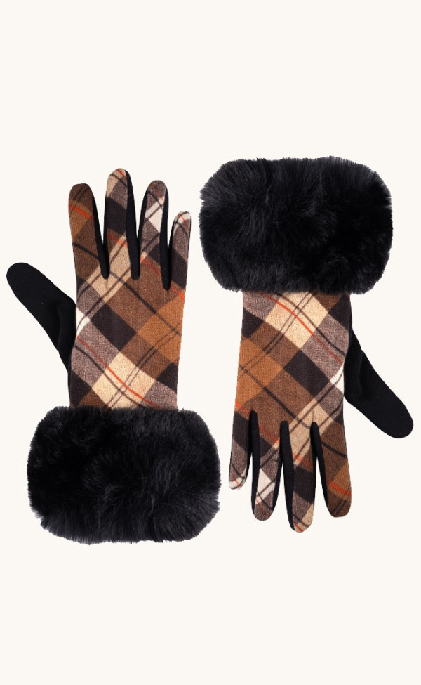 Rękawiczki damskie w kratę z czarnym futerkiem