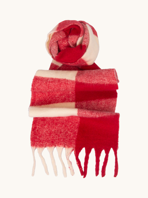 Szal  beżowo-czerwony w kratę z frędzlami 30 cm x 180 cm