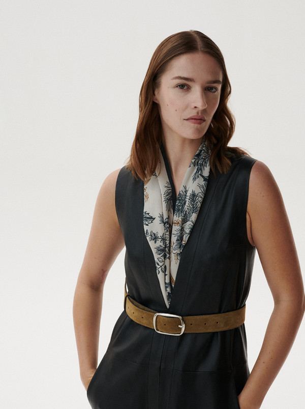 Silk crepe scarf botanical composition 35 cm x 140 cm PREMIUM