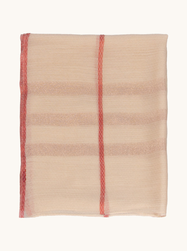 Beige evening scarf with red shiny check 70 cm x 180 cm