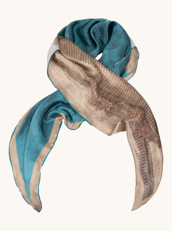 Large silk scarf with motif of flying cranes