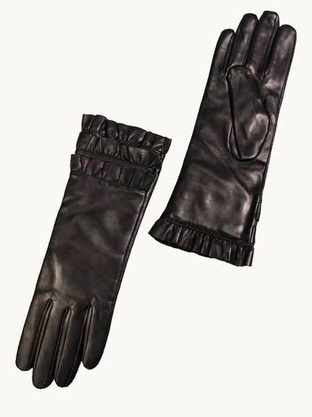 Dark chocolate-colored leather gloves with a decorative ruffle