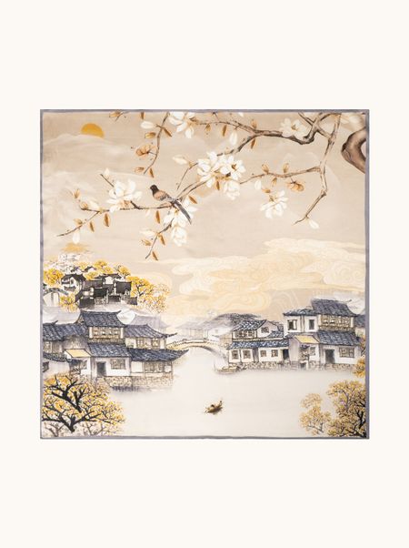 Apaszka jedwabna beżowa z pejzażem orientalnym 70x70 cm