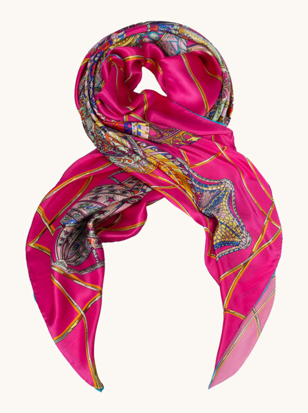 Large multicolored silk scarf with oriental patterns 110 cm x 110 cm