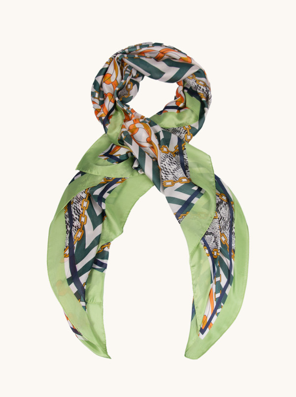 Lightweight shawl in geometric patterns with a green border 85 cm x 175 cm