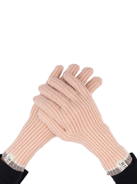 Krótkie rękawiczki grube dzianinowe łososiowe z brązową końcówką
