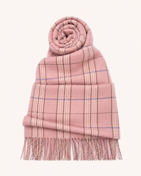 Warm pink plaid wool scarf, 70x210 cm