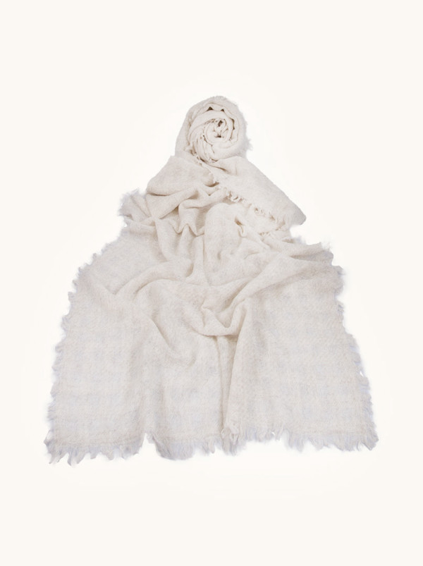 Szal kaszmirowy ciepły z frędzlami w odcieniu kremowej bieli 70cm x 220cm PREMIUM