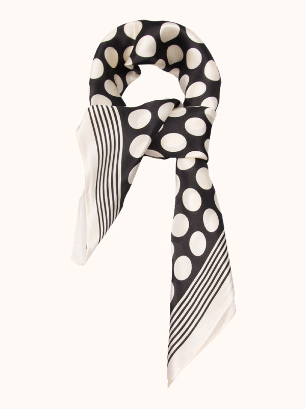 Black silk scarf with cream peas 70x70 cm