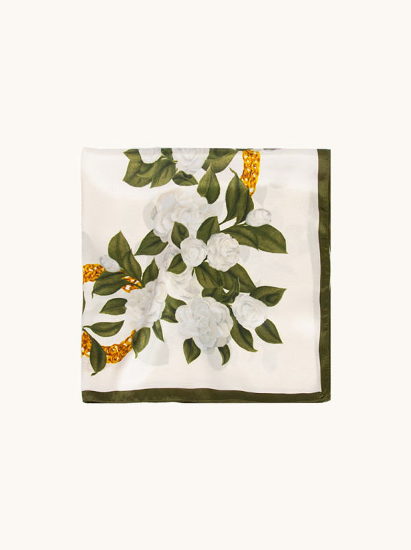 Apaszka jedwabna kremowa w białe kwiaty 53x53 cm