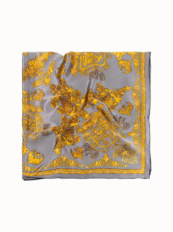 Duża chusta 110x110cm z jedwabiu grafitowa w żółte wzory