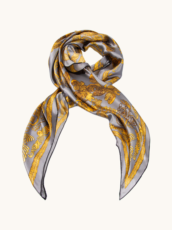 Duża chusta 110x110cm z jedwabiu grafitowa w żółte wzory