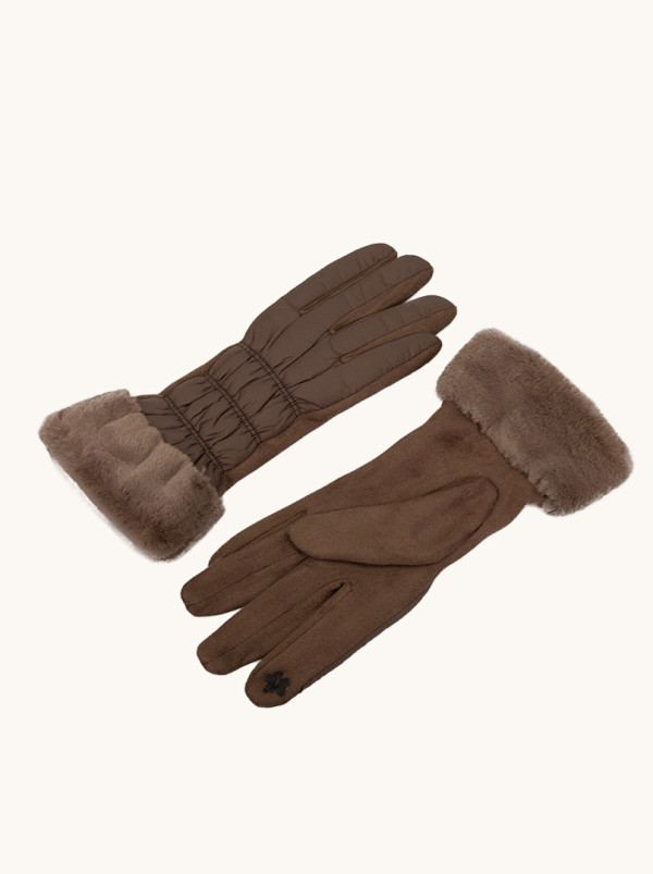 Rękawiczki brązowe dzianinowe pikowane z futerkiem